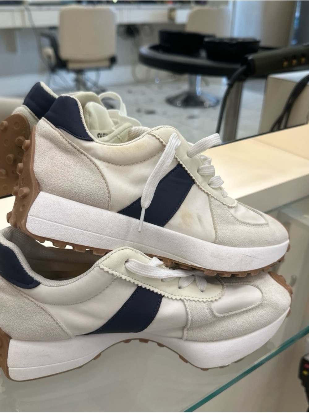 Woman’s White Sneakers with Navy Stripe